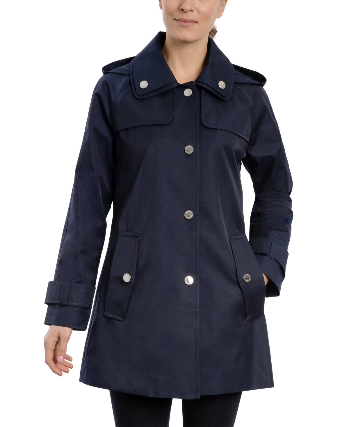 London Fog Womens Single Breasted Hooded Raincoat In Midnight Navy Modesens