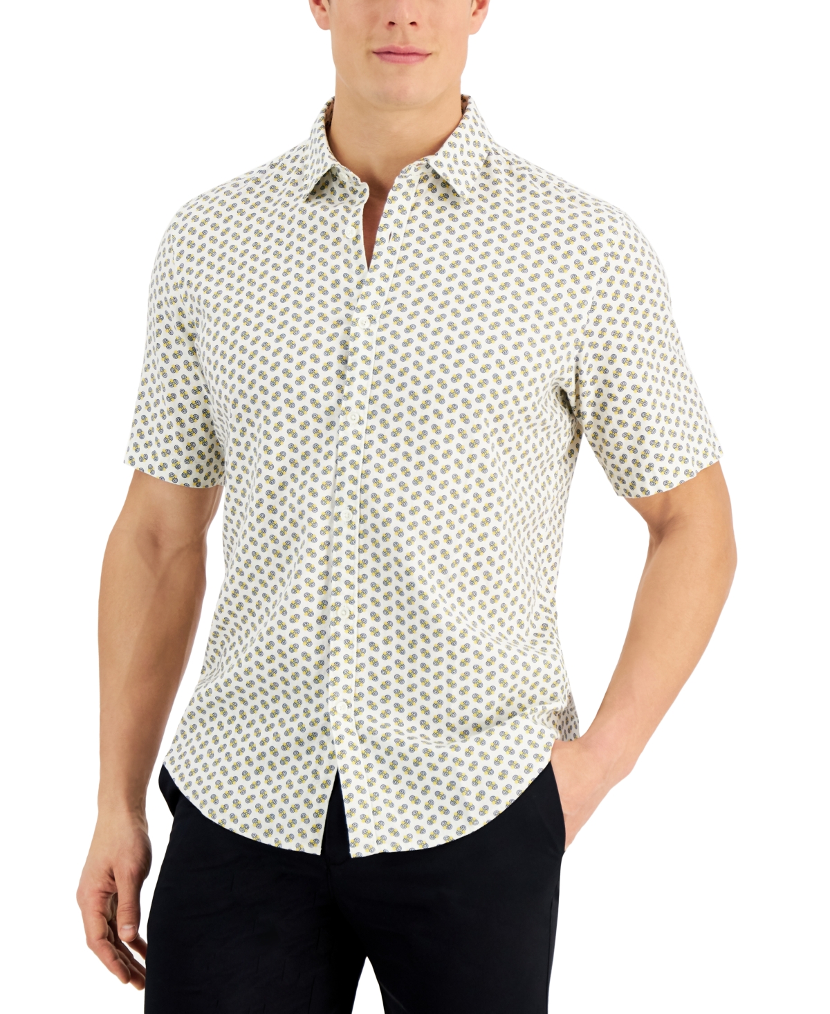 NEW Alfani Mens Texture Grid-Pattern Dash-Print Shirt Washed White Beige $70.00 