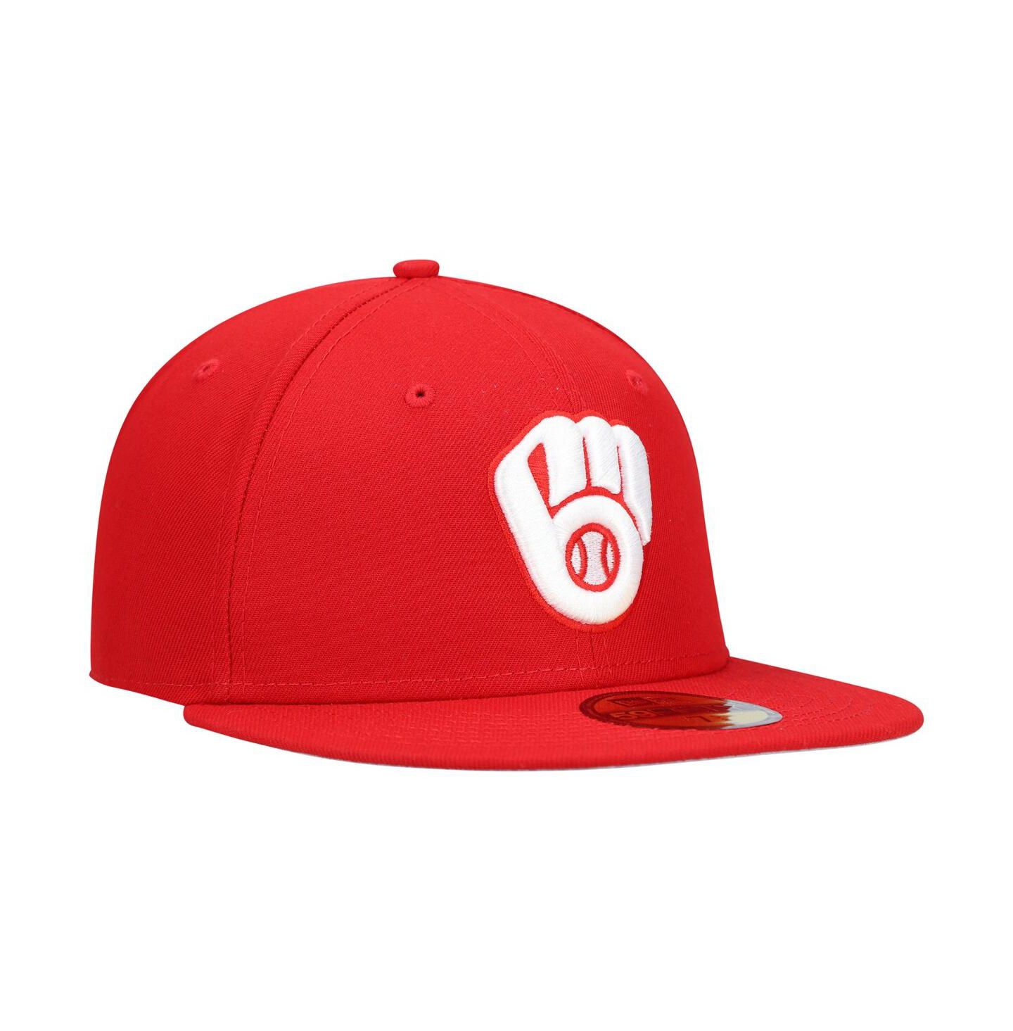 Мужская кепка New Era Red Milwaukee Brewers Logo White 59FIFTY Fitted Hat — фото 2