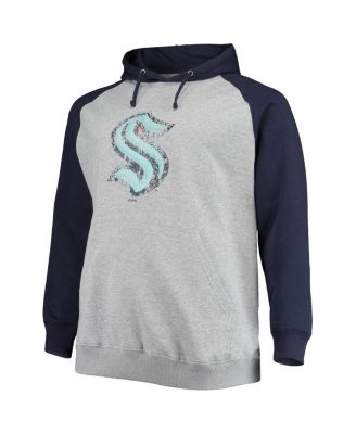 Men's Heathered Gray, Deep Sea Blue Seattle Kraken Big and Tall Raglan Pullover Hoodie