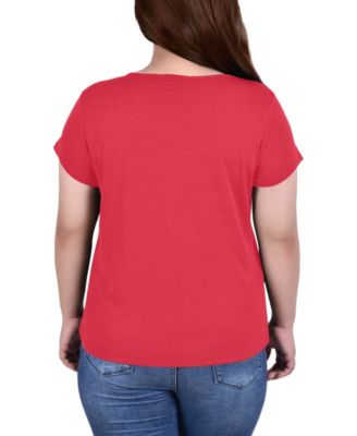 Plus Size Short Sleeve Knit Top with Mesh Yoke and Stone Detail