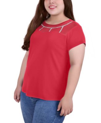 Plus Size Short Sleeve Knit Top with Mesh Yoke and Stone Detail