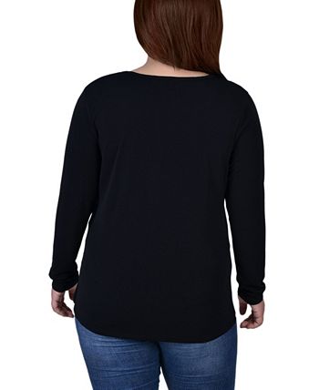 Doeskin Long Sleeve Studded Colorblocked Split Neck Top