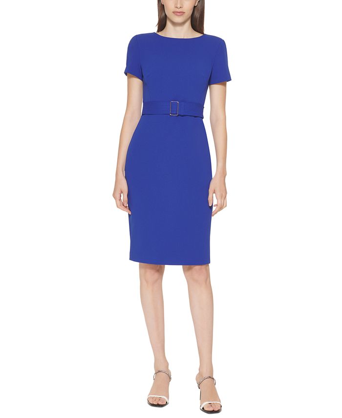 Calvin Klein Short-Sleeve Belted Sheath Dress - Macy's