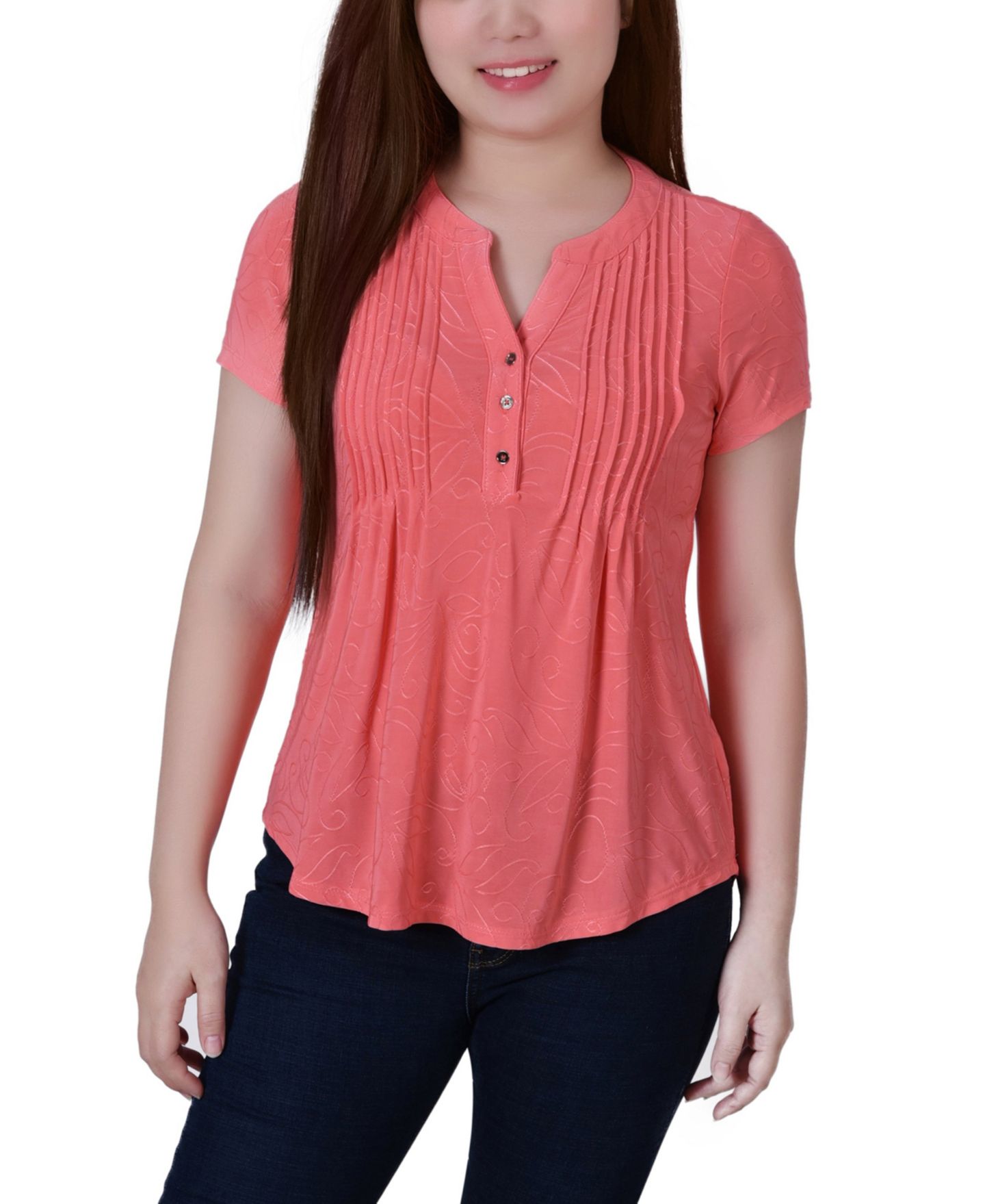 Женский топ NY Collection Petite Short Sleeve Y Neck Jacquard Knit, цвет: Bermuda — фото 4