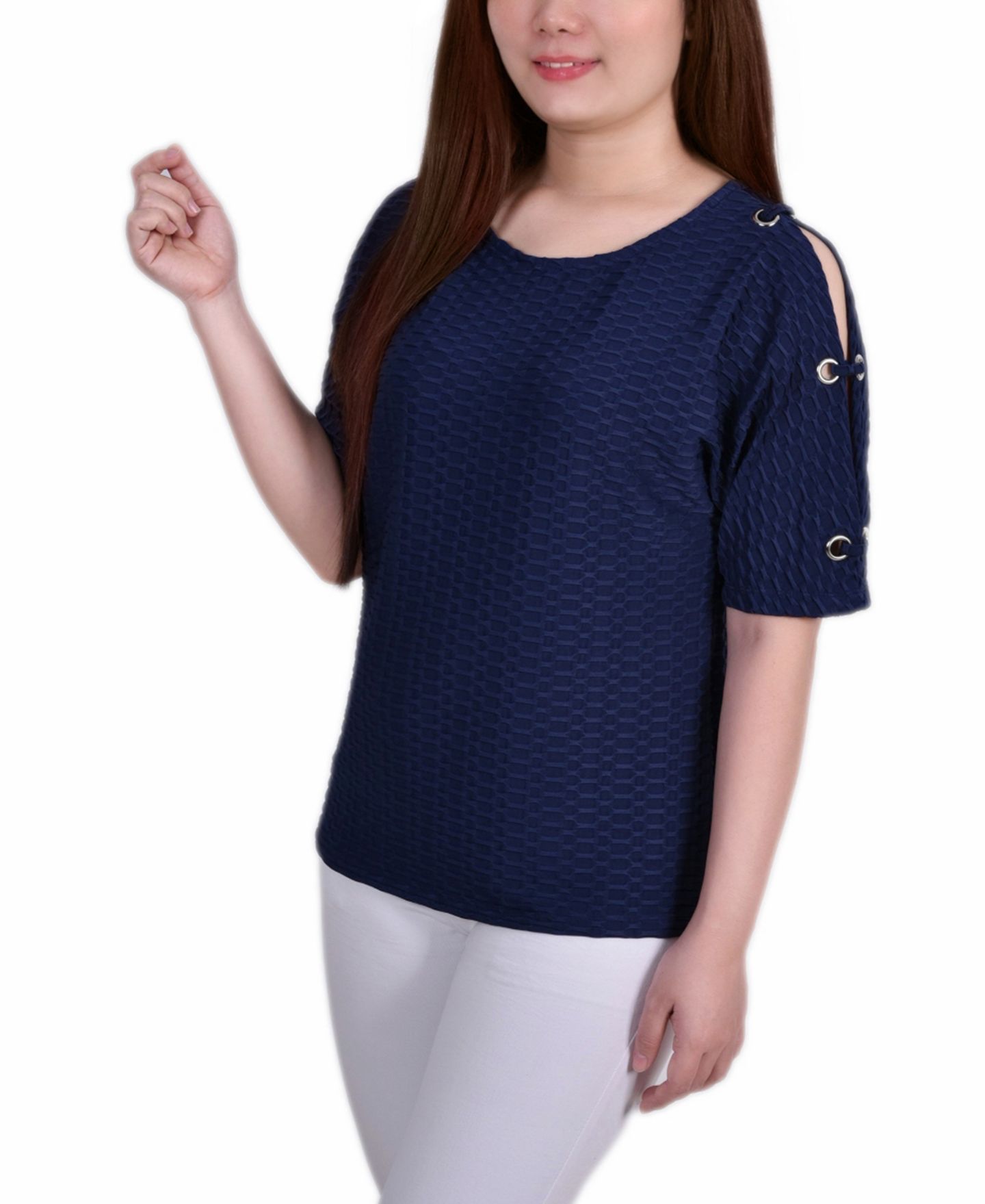 Женский топ NY Collection Petite Short Sleeve Honeycomb Textured Grommet, цвет: Тёмный синий — фото 3