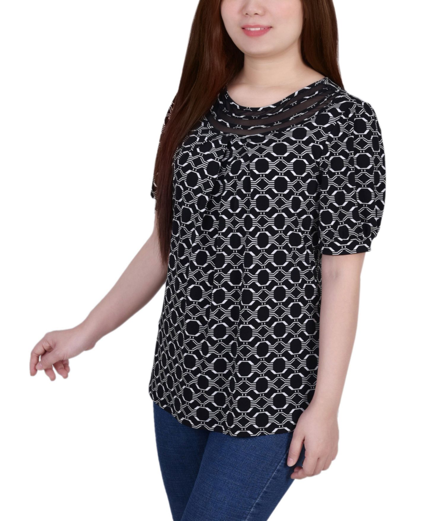 Женский топ NY Collection Petite Short Puff Sleeve Mesh Inset, цвет: Чёрный белый — фото 3