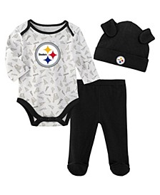 Newborn and Infant Boys and Girls Black Pittsburgh Steelers Greatest Lil Player Bodysuit Pants and Knit Hat Set