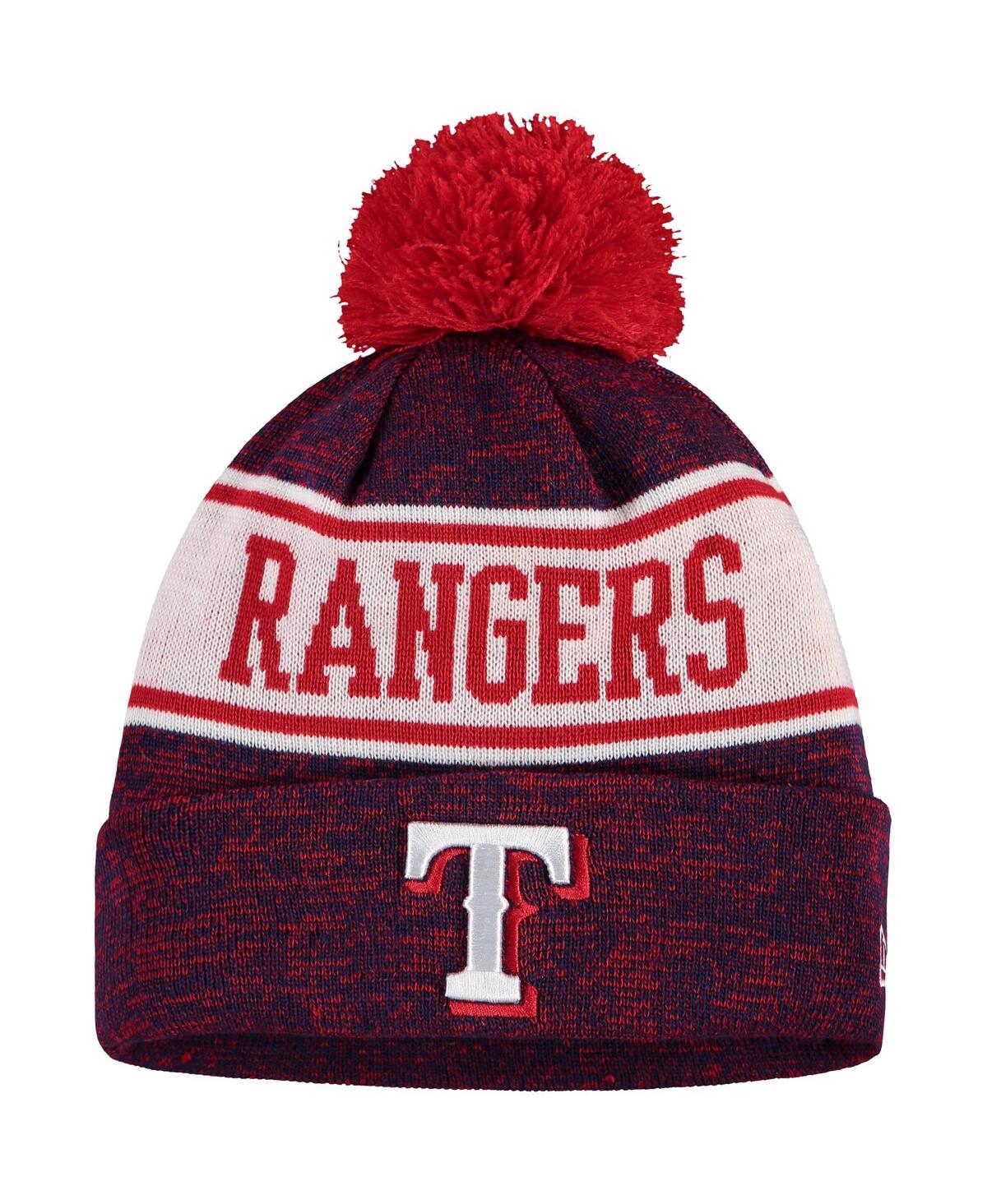 NEW ERA MEN'S ROYAL AND RED TEXAS RANGERS BANNER CUFFED KNIT HAT WITH POM