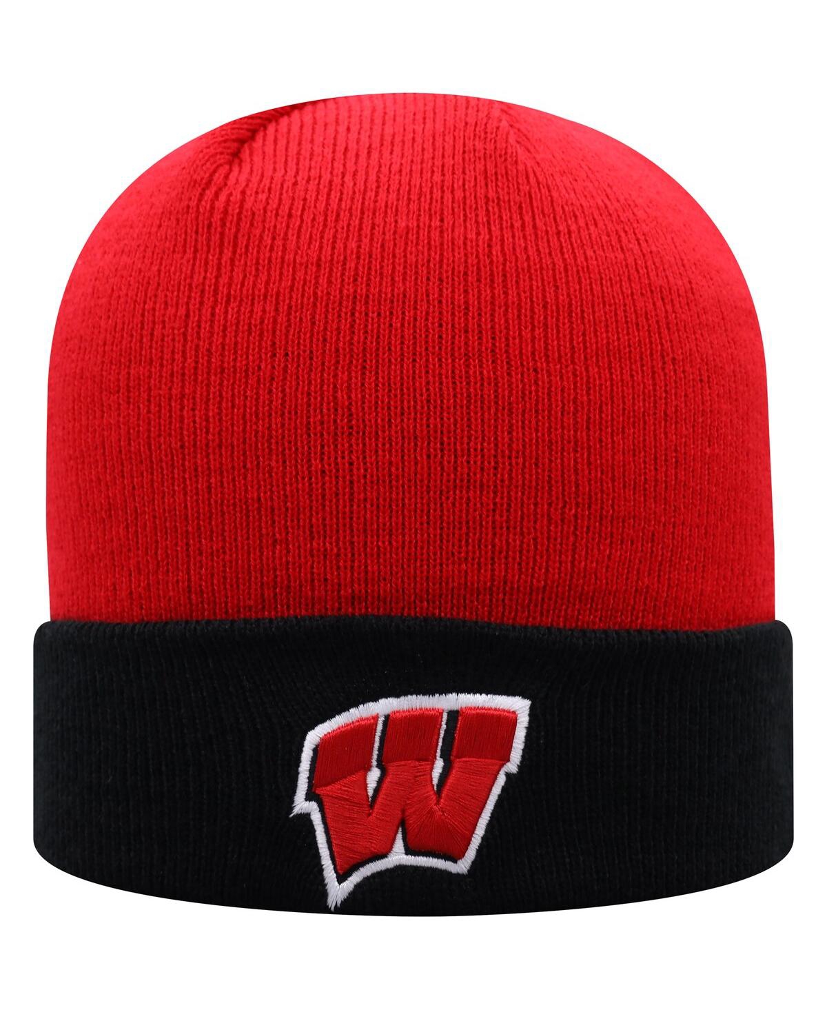 Top Of The World Men's Red And Black Wisconsin Badgers Core 2-tone Cuffed Knit Hat In Red,black