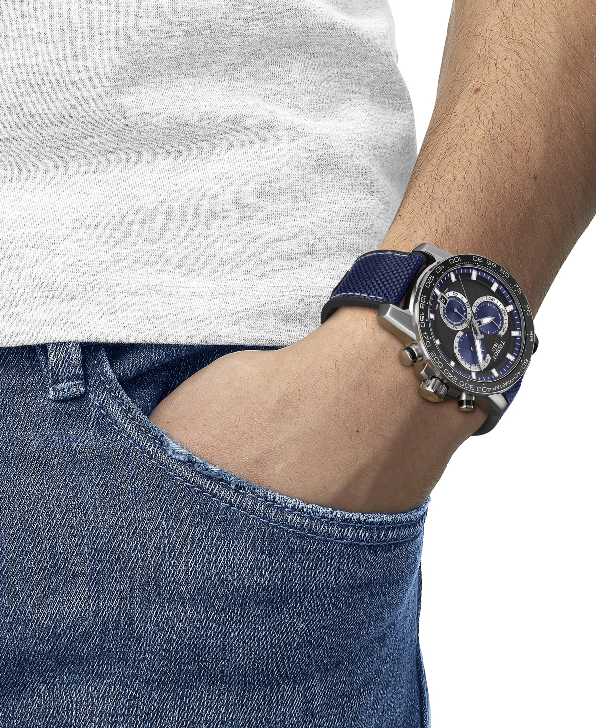 Shop Tissot Men's Swiss Chronograph Supersport Blue Textile Strap Watch 40mm In Black