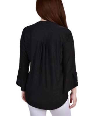 Women's 3/4 Sleeve Overlapped Bell Sleeve Y-Neck Top