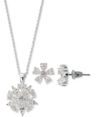 Macy's - Cubic Zirconia Flower Pendant Necklace & Stud Earrings Set in Fine Silver Plate