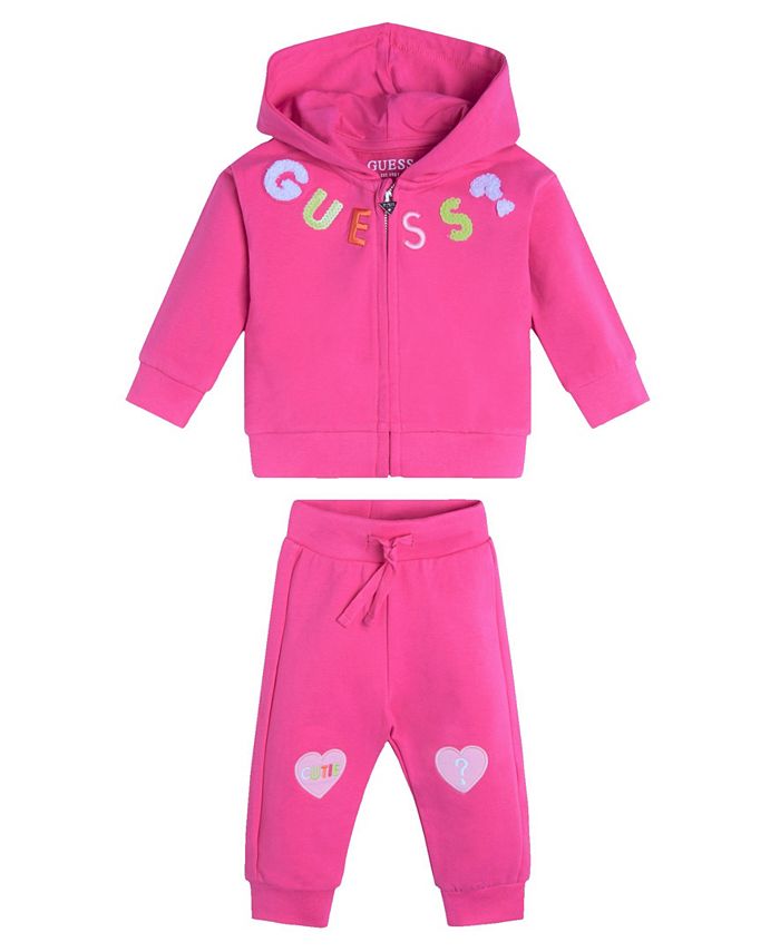 GUESS Baby Girls Embroidered and Sequin Logo Organic Stretch Terry Zip Up Hoodie and Jogger Pant