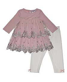 Baby Girls Lurex Embroidered Overlay Dress and Leggings Set, 2-Piece