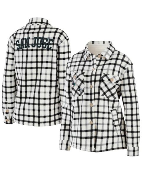 Женские куртки WEAR by Erin Andrews Women's Oatmeal San Jose Sharks Plaid Button-Up Shirt Jacket