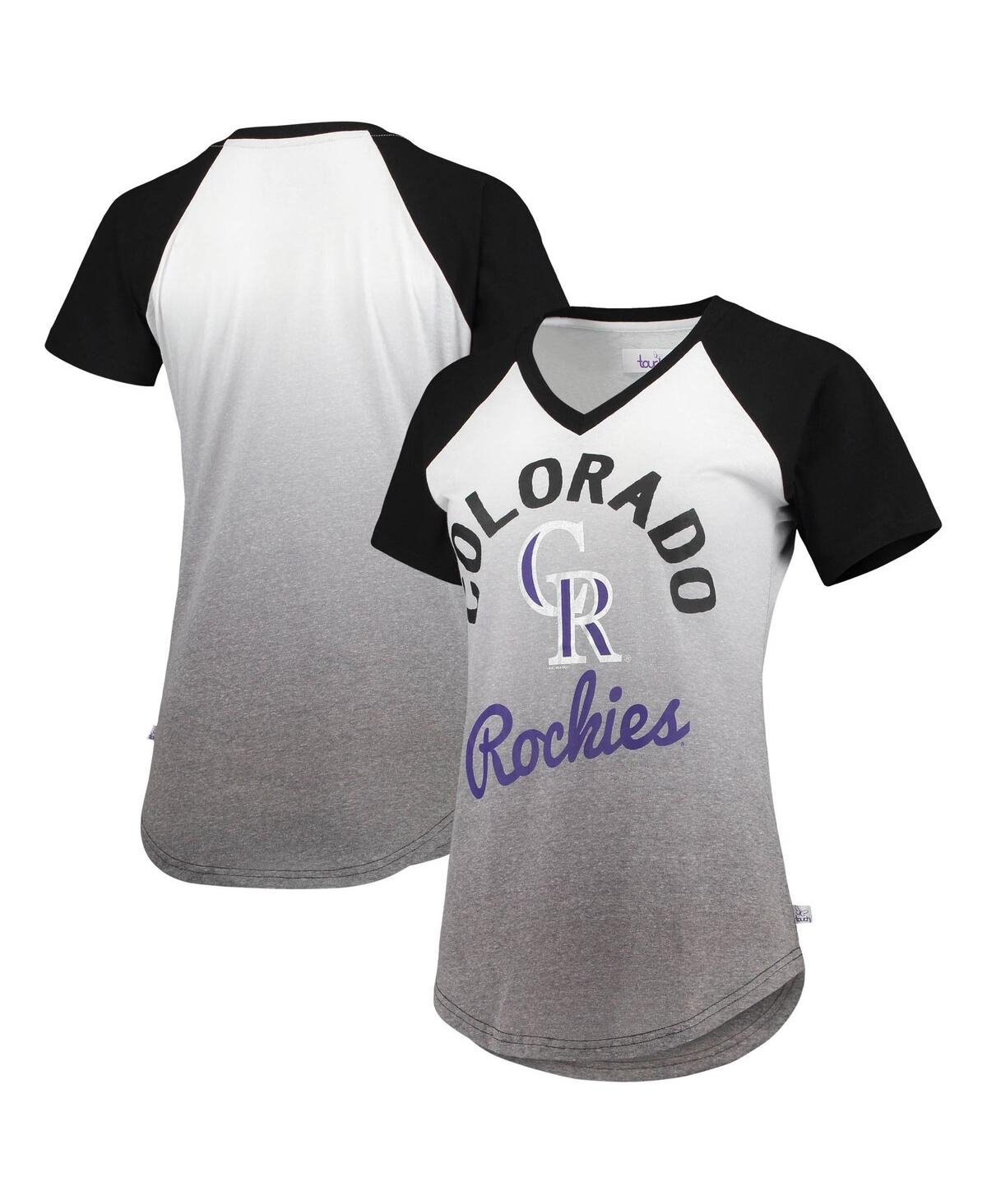 Women's Black and White Colorado Rockies Shortstop Ombre Raglan V-Neck T-shirt - Black, White