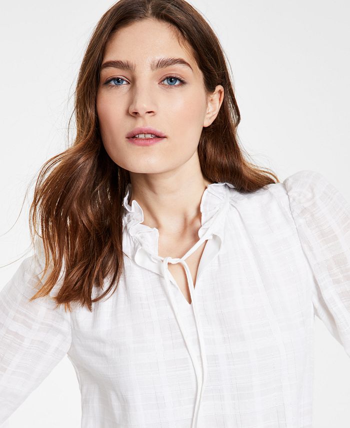 Bar III Tie-Front Ruffled-Neck Blouse, Created for Macy's - Macy's