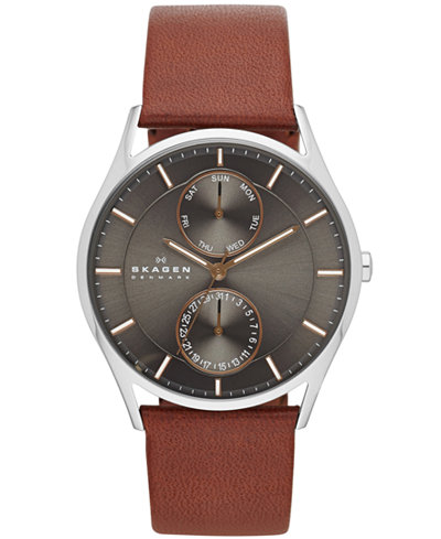 Skagen Men's Brown Leather Strap Watch 40mm SKW6086