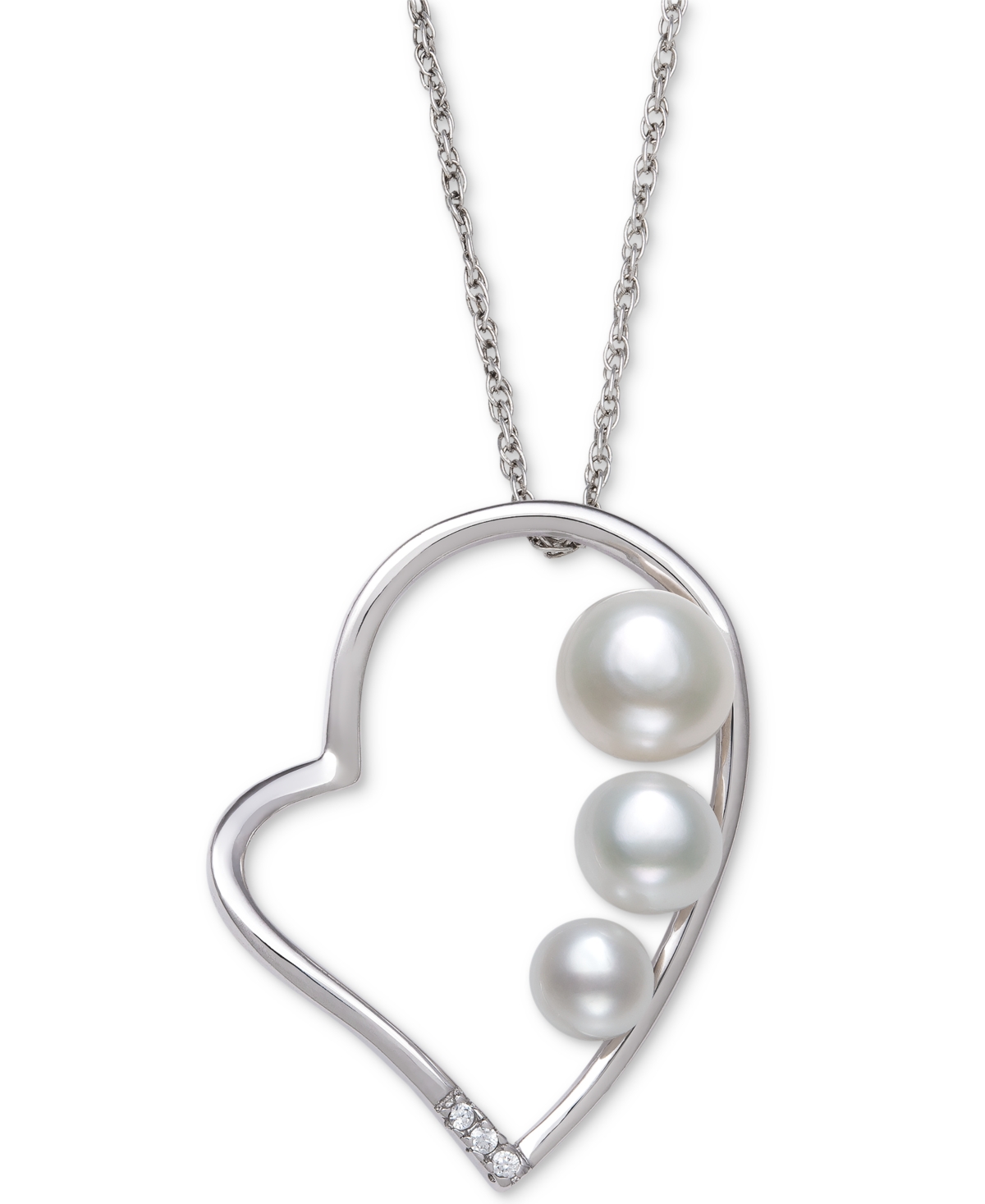 Cultured Freshwater Button Pearl (4 - 6mm) & Cubic Zirconia Heart 18" Pendant Necklace in Sterling Silver - Sterling Silver