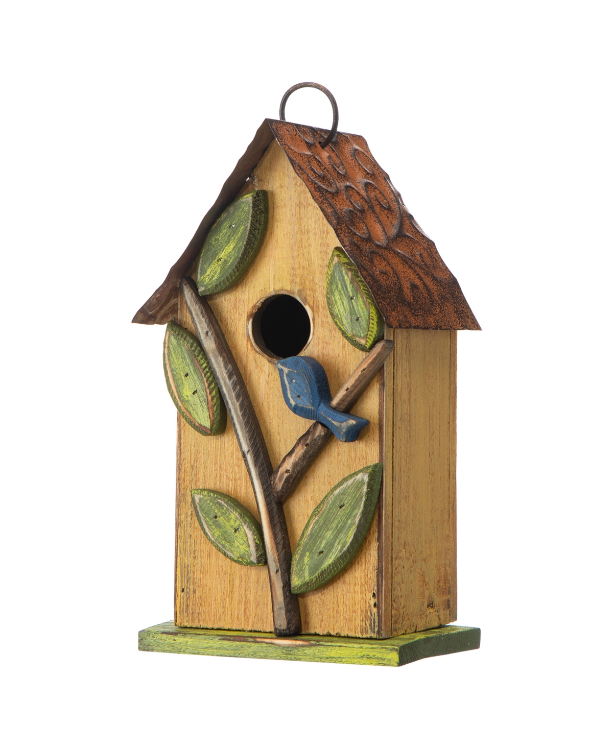 Glitzhome 9.75" Washed Birdhouse With 3d Tree And Bird In Yellow
