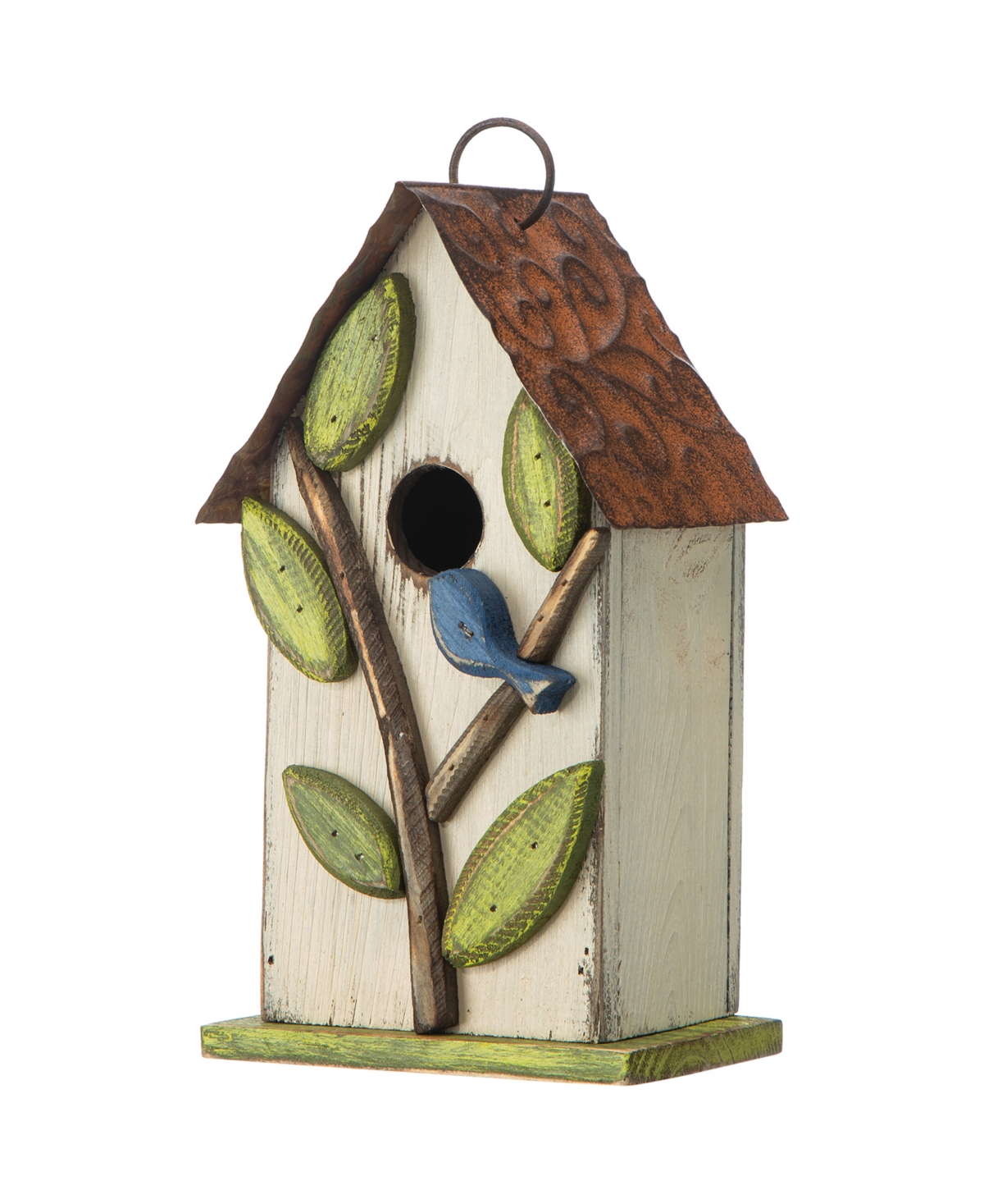 Glitzhome 9.75" Washed Birdhouse With 3d Tree And Bird In Off-white