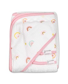 Baby Girls Organic Bath Time Rainbow Print Hooded Towel and Wash Cloths, 3 Piece Set