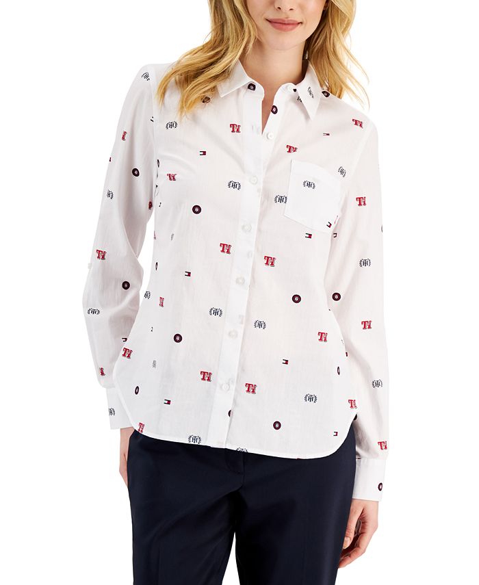 Tommy Hilfiger Women\'s Cotton Logo-Print Long Sleeve Shirt - Macy\'s | Rundhalsshirts