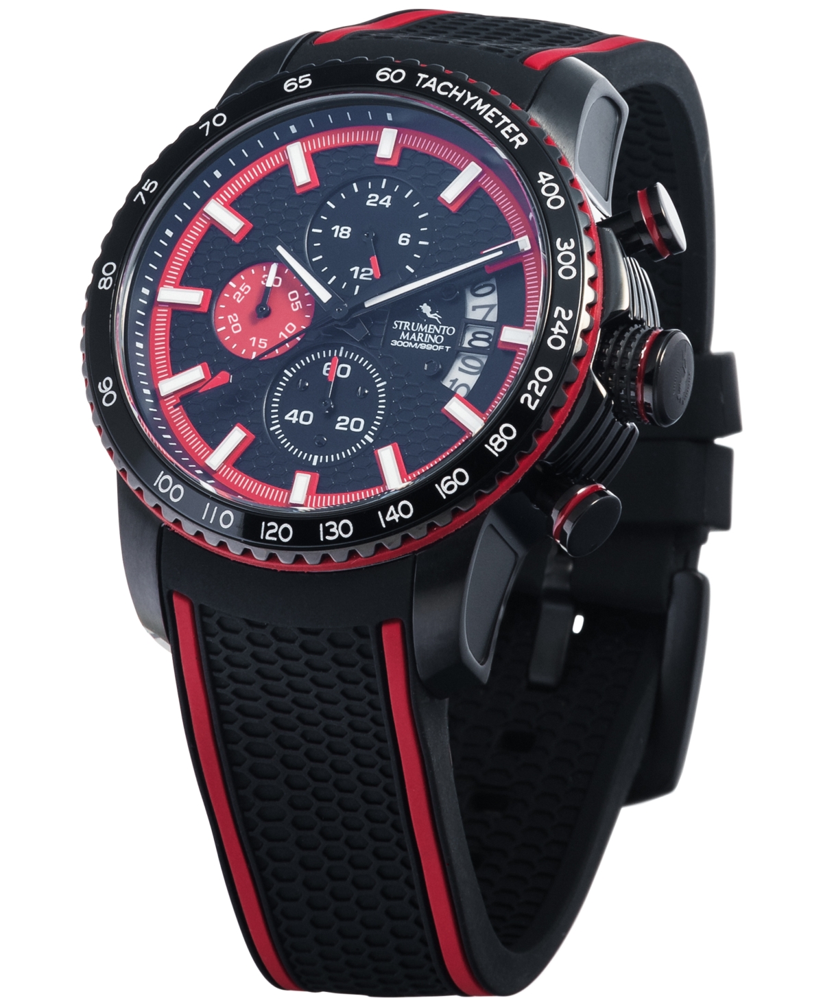 Shop Strumento Marino Men's Chronograph Freedom Black Perforated Silicone Strap Watch 45mm In Black Red