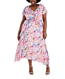 Plus Size Floral-Print Ruffled Midi Dress