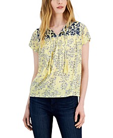 Women's Printed Embroidered Tassel-Tie Top, Created for Macy's