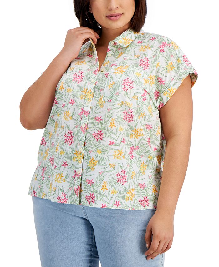 Style & Co Plus Size Printed Cotton Camp Shirt, Created for Macy's ...