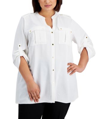 Calvin Klein - Plus Size Solid Button-Down Roll-Sleeve Top