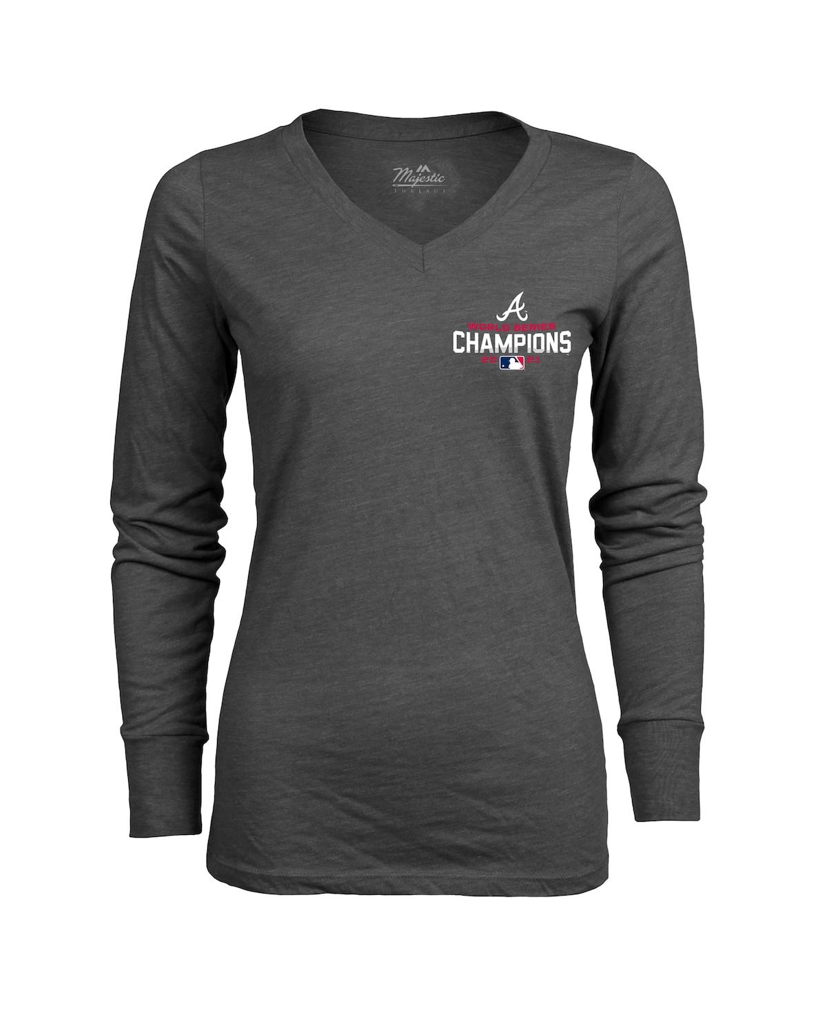 Women's Majestic ThreadsAtlanta Braves 2021 World Series Champions Hometown Long Sleeve V-Neck T-shirt - Charcoal