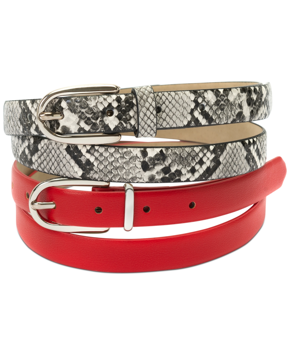 Inc International Concepts 2-pk Snake & Solid Belt, Created For Macy's In Black Whit
