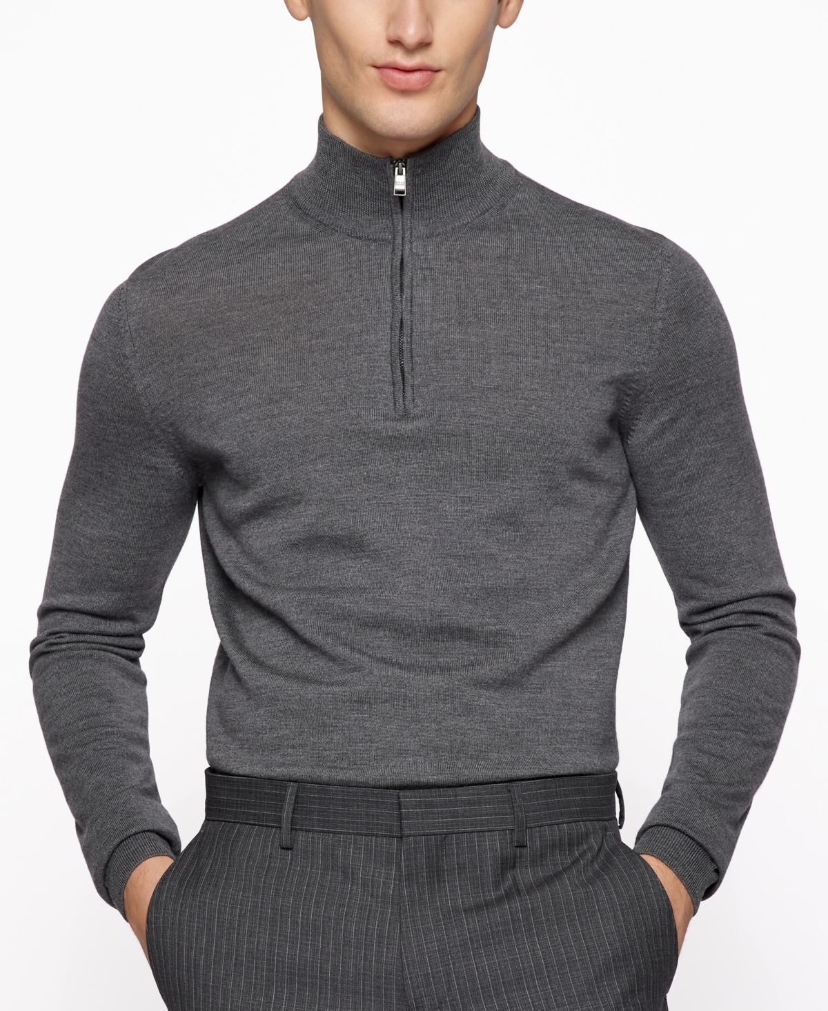 Hugo Boss Slim Fit Sweater In Extra Fine Merino Wool In Medium Gray