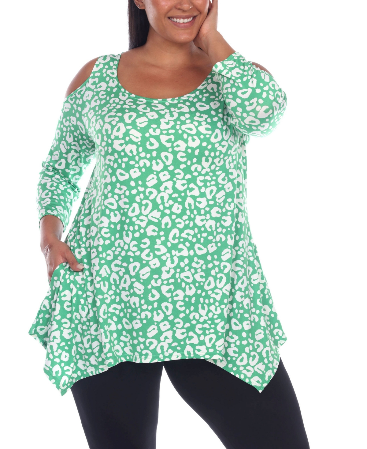 Plus Size Leopard Cold Shoulder Tunic Top - Green Leopard