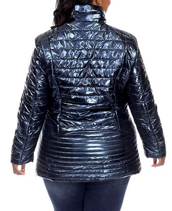 Plus Size Metallic Puffer Coat With Hoodie Silver 1x - White Mark : Target