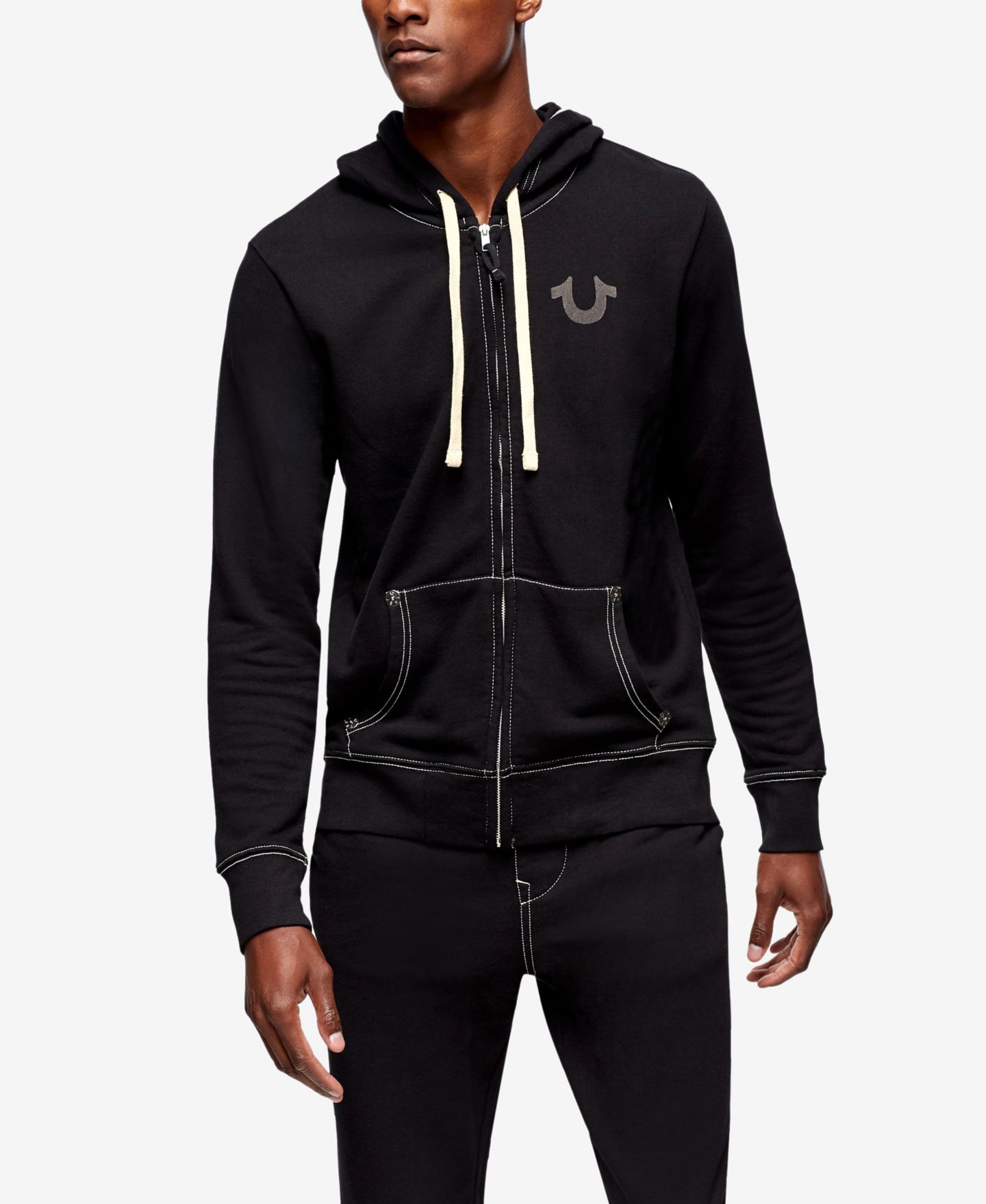 Мужское худи True Religion Classic Logo Zip Up Drawstring, цвет: Чёрный — фото 1