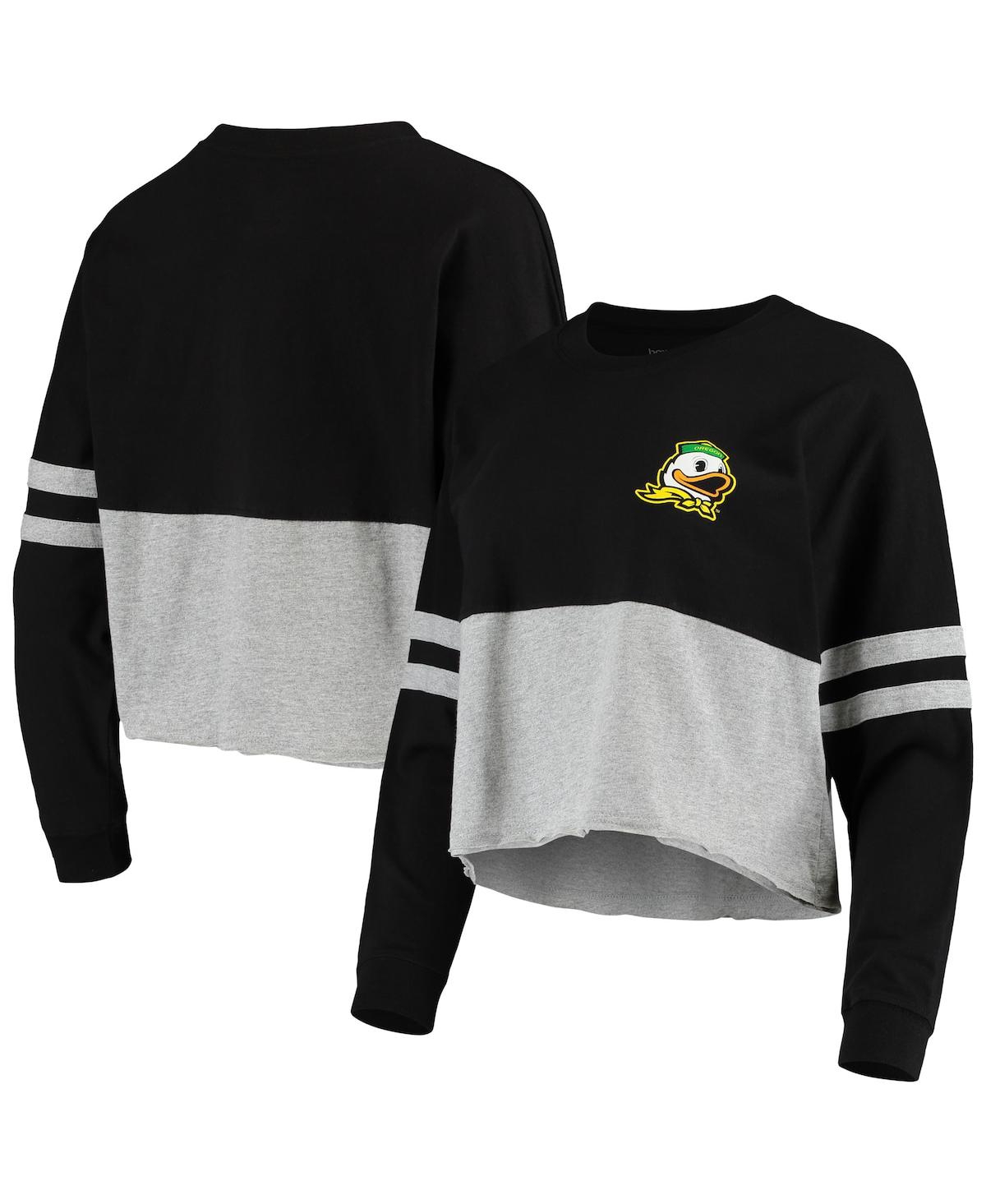 Women's Black, Heather Gray Oregon Ducks Cropped Retro Jersey Long Sleeve T-shirt - Black, Heathered Gray
