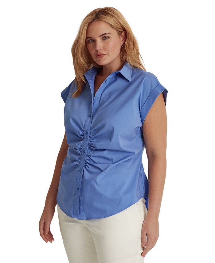 Lauren Ralph Lauren Plus-Size Shirred Stretch Cotton Shirt & Reviews - Tops  - Plus Sizes - Macy's