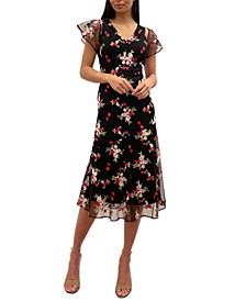 Floral-Embroidered Cold-Shoulder Midi Dress