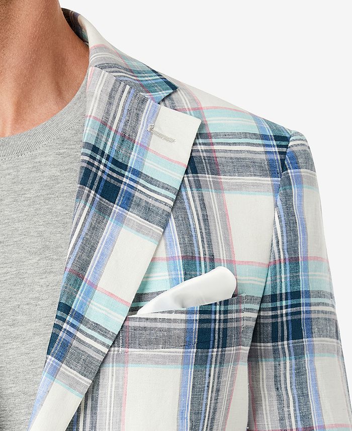 Tallia Men's Slim Fit Plaid Linen Blazer Beige Size 38