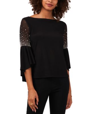 MSK Petite Studded-Sleeve Mesh-Inset Top - Macy's