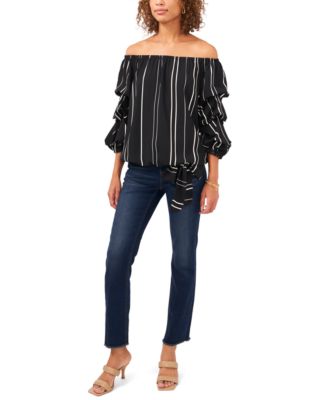 Women's Striped Off-The-Shoulder Bubble 3/4-Sleeve Tie-Front Blouse