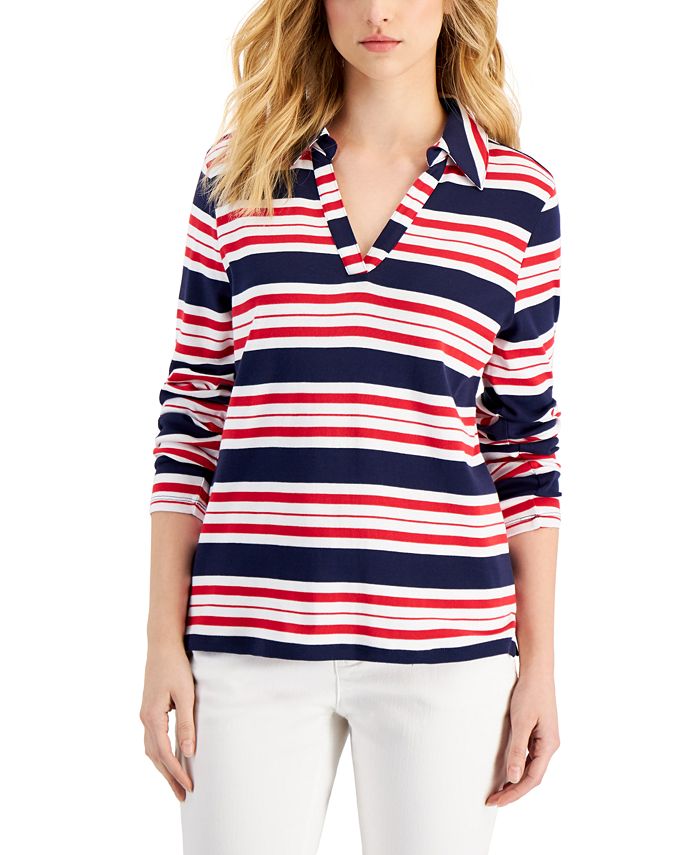 Tommy Hilfiger Women's Striped Johnny Collar 3/4 Sleeve Polo Top