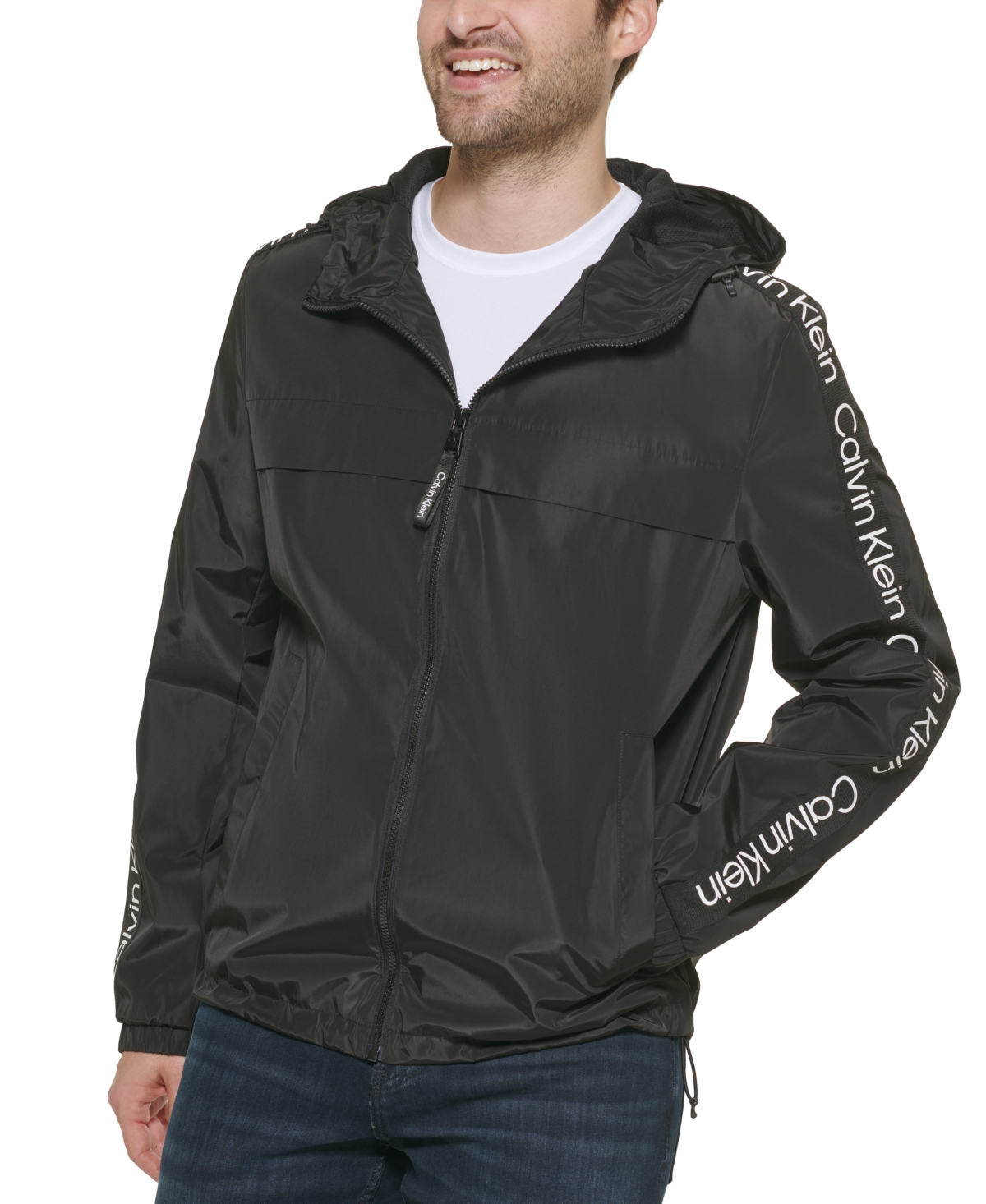 Calvin Klein Men's Logo Taped Sleeves Hooded Windbreaker Jacket In ...