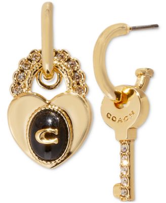 Gold-Tone Key & Heart Padlock Mismatch Charm Huggie Hoop Earrings