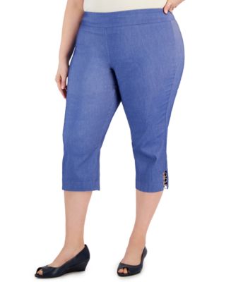 JM Collection Plus Size Chambray Embellished-Hem Capri Pants, Created ...
