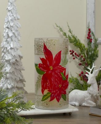 10" Hand-Painted Poinsettias and Flameless Glass Christmas Candle Holder